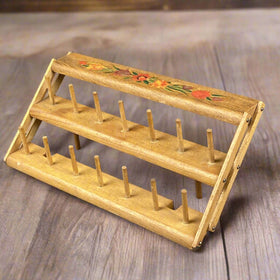Vintage Thread Wooden Hand-Made Display Rack Holds 14 Spools Flower decorated