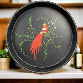 Vintage Round metal Tray with Red Peacock 13"