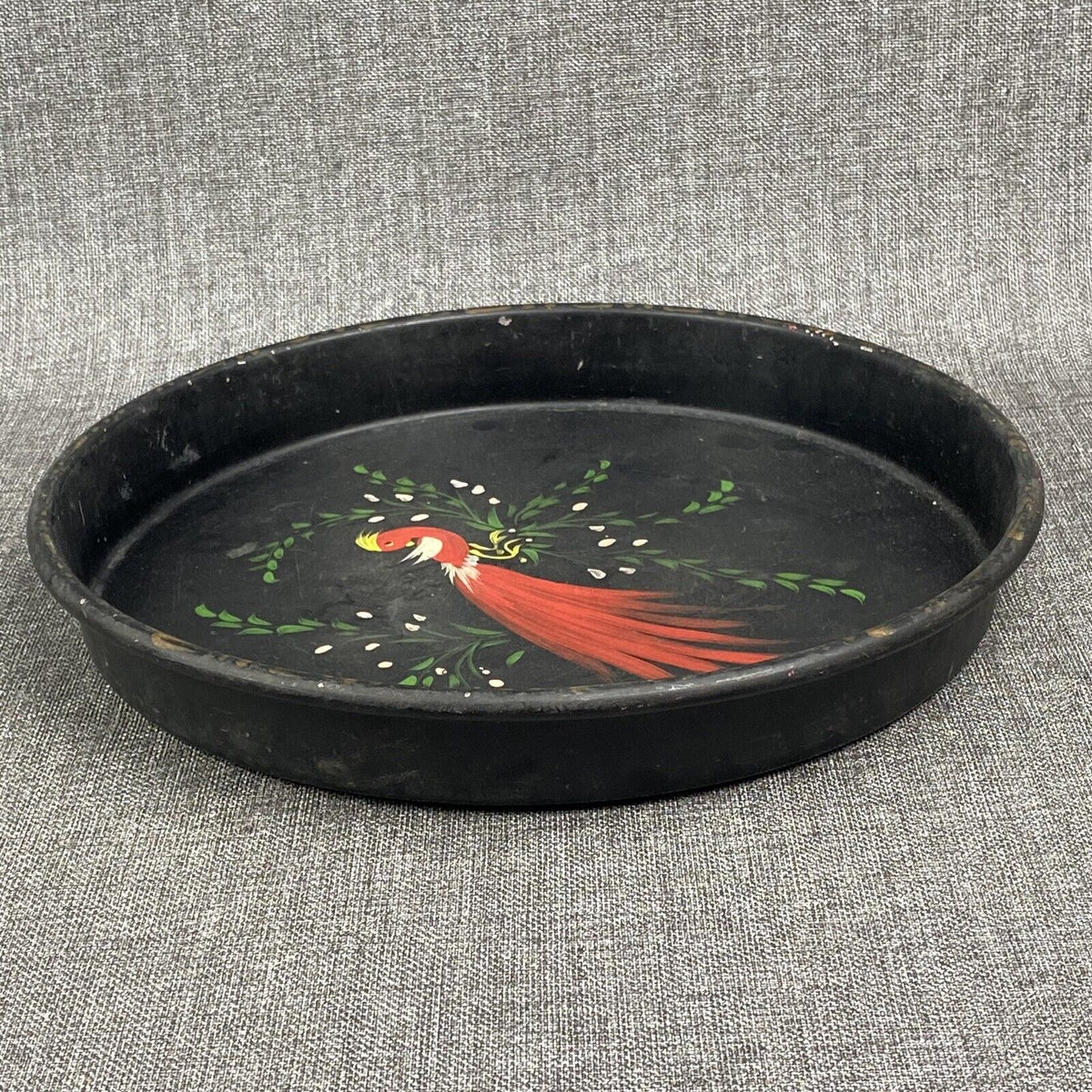 Vintage Round metal Tray with Red Peacock 13"