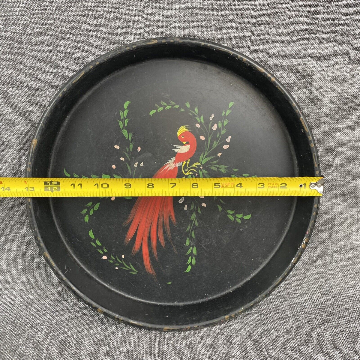 Vintage Round metal Tray with Red Peacock 13"