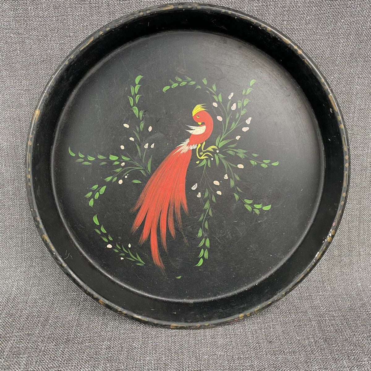 Vintage Round metal Tray with Red Peacock 13"