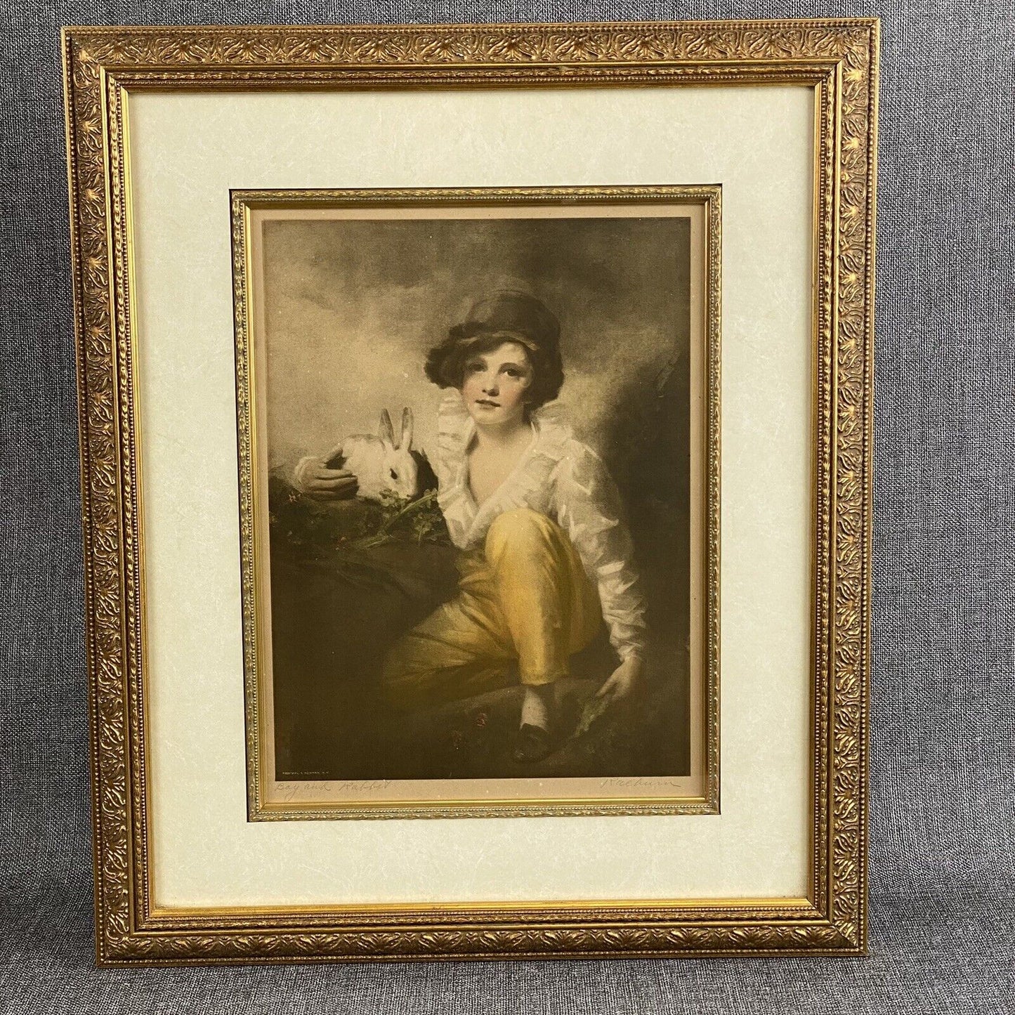 Antique Henry Raeburn Boy Rabbit Framed Print Reinthal and Newman NY Circa 1920s