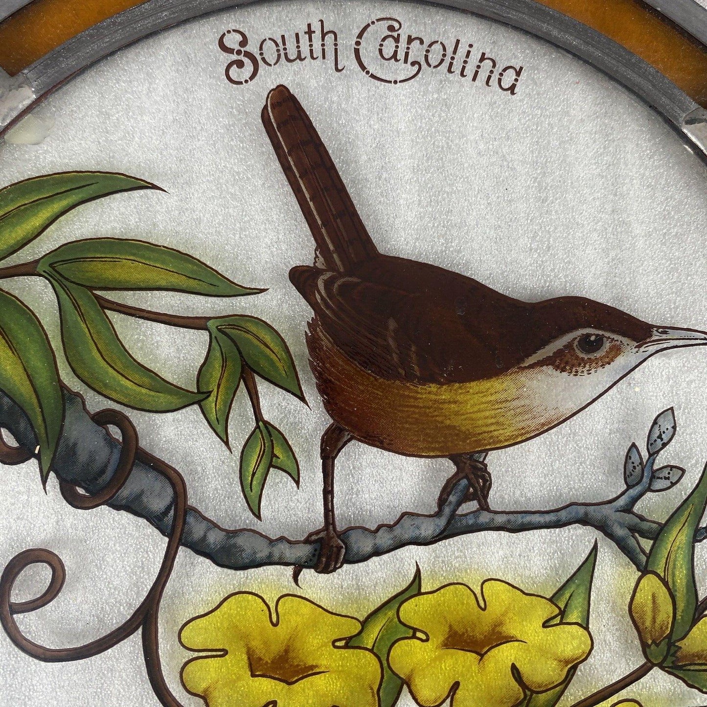 South Carolina State Bird Wren Stained Glass Round Decoration 8 1/2"