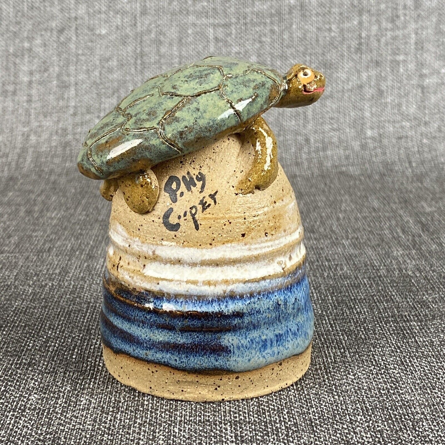 Glazed Pottery Turtle Bell 4" Signed