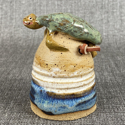 Glazed Pottery Turtle Bell 4" Signed