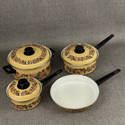 Set 4 Vtg MCM 70s EnamelWare Sauce Fry Pan Pots 3 Lids Floral 10” 6.5” 7.5”