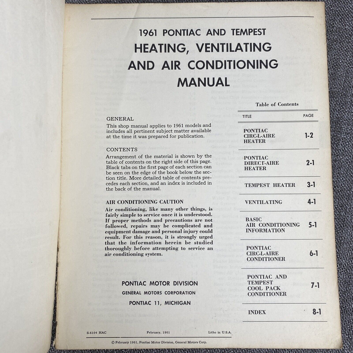 1961 Pontiac Body Chassis and Body , Heating , Ventilating and A/C Shop Manual