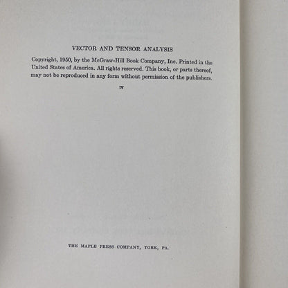 Vector and Tensor Analysis by Harry Lass, 1950, McGRAW-HILL, Very Good