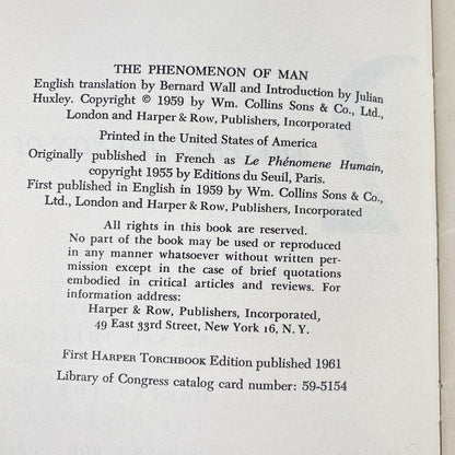 The Phenomenon Of Man by Pierre Teilhard de Chardin Paperback 1961