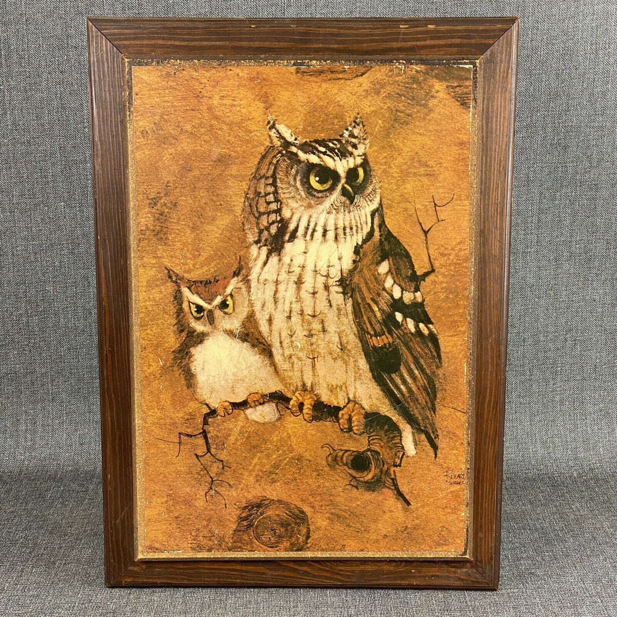 Vintage Richard Hinger Screech Vintage Owl Wood Framed Picture Print Wall Art