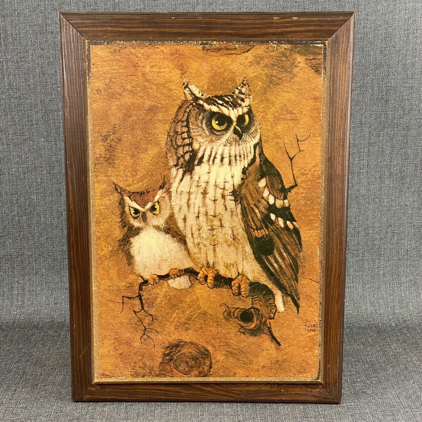 Vintage Richard Hinger Screech Vintage Owl Wood Framed Picture Print Wall Art