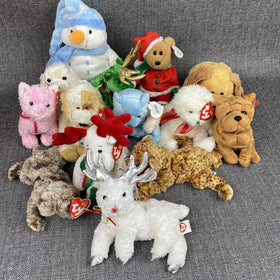 Lot of 14 TY Beanie Babies, Puppy Snowman, Reindeer, Bear, Etc