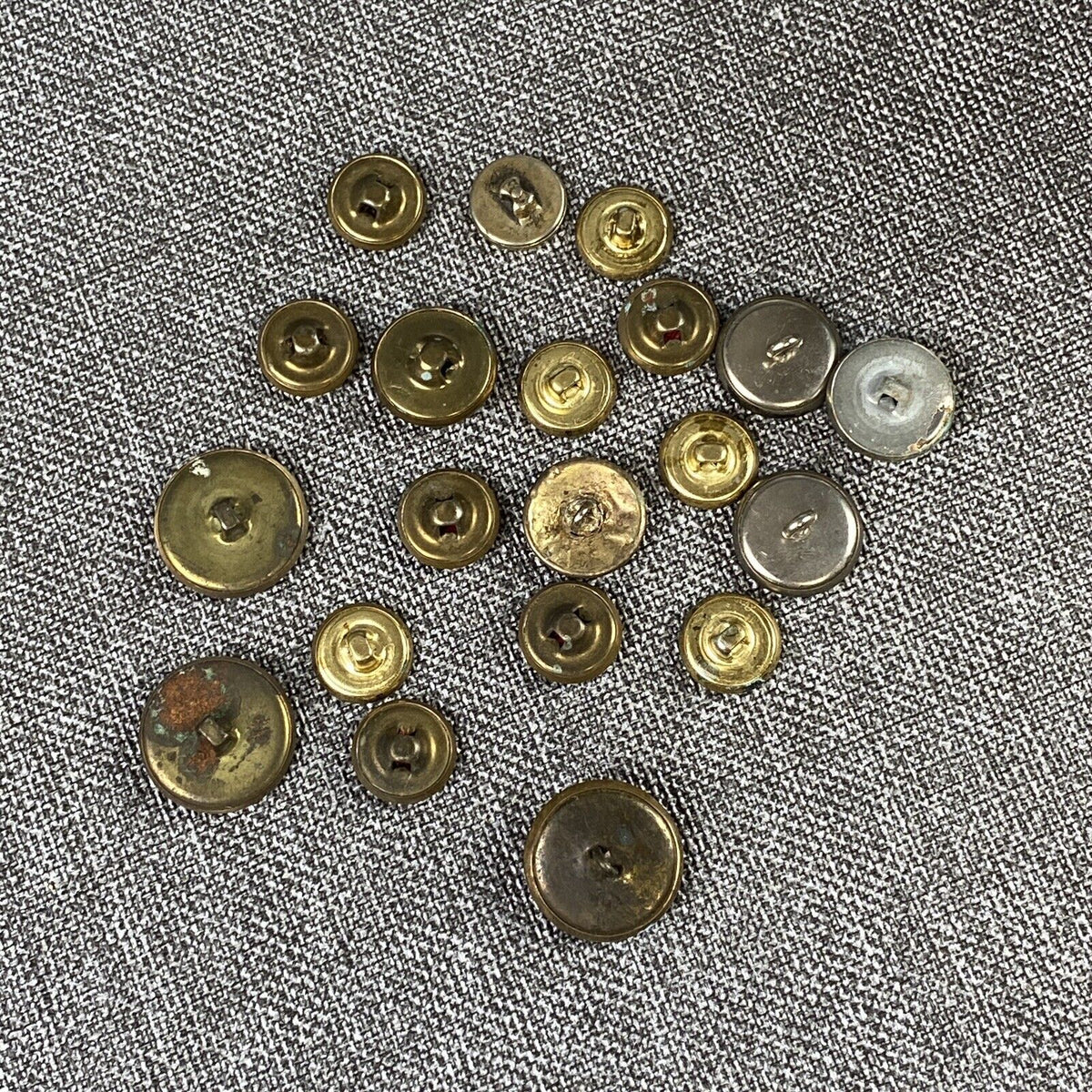 Lot of 18 Vintage Metal Shank Buttons, Rounded and Flat Styles, Military Style