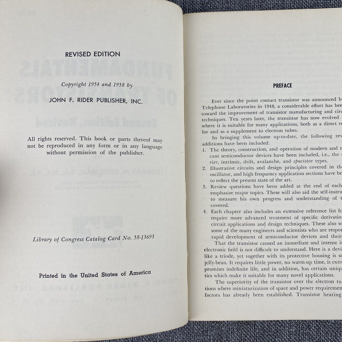 Fundamentals of Transistors by Leonard Krugman Second Revised Edition 1958