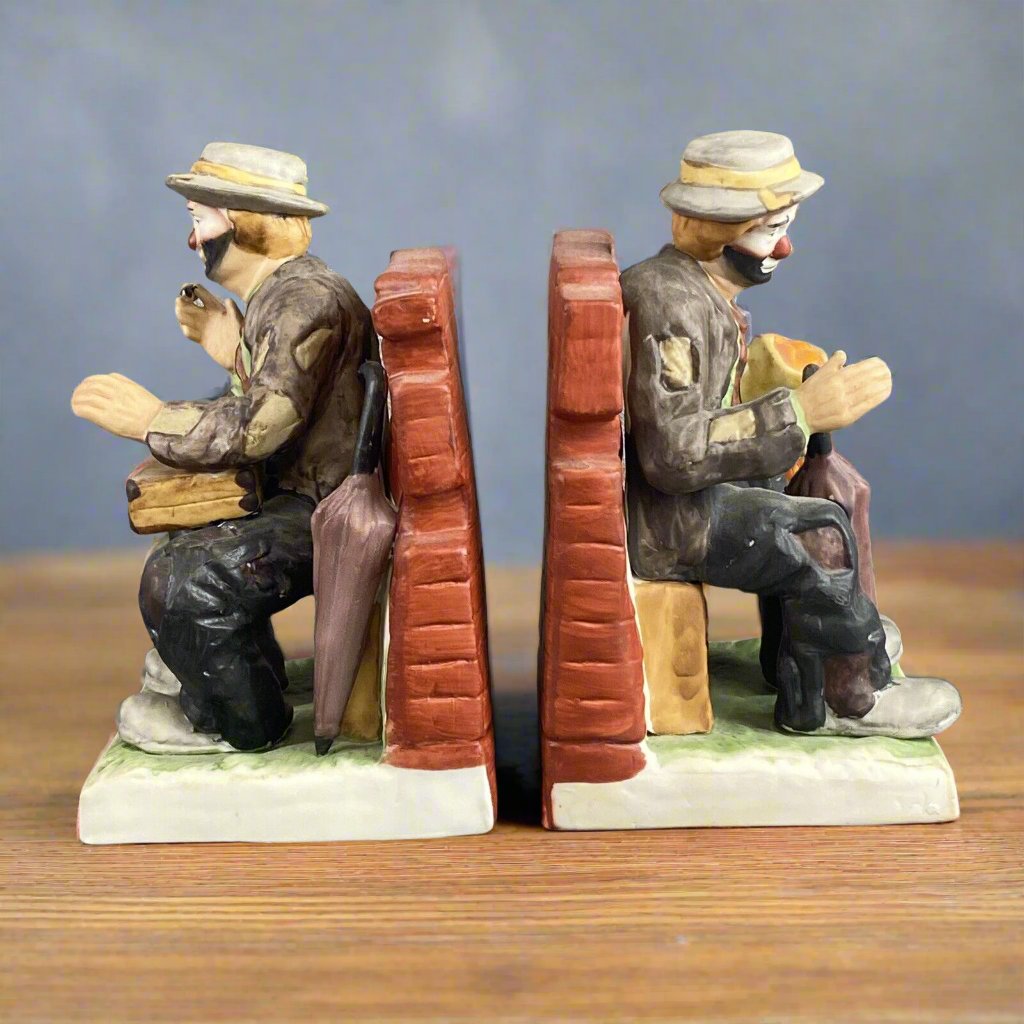 Emmett Kelly Jr. Hobo Clown Ceramic Book Ends Holders Exclusively from Flambro