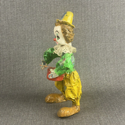 Vintage Colorful Paper Mache Clown  Playing Drums Mexico 14" tall