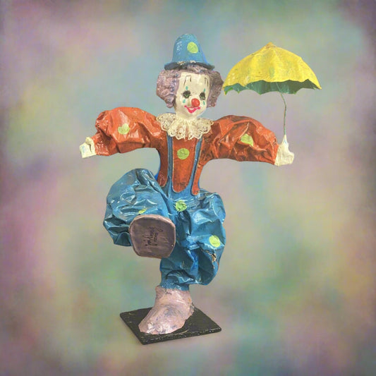 Vintage Colorful SIGNED Dancing in the Rain Mexico Paper Mache Clown 15" tall