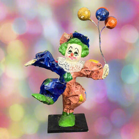 Vintage Colorful Paper Mache Clown with Balloons 13" tall