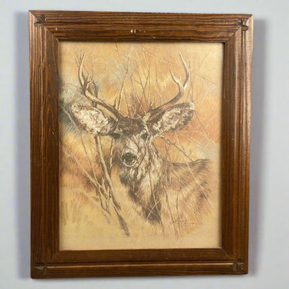 The Silent Buck K Maroon Deer Litho 1978 Wood Framed Wall 24.5x30 3/8”