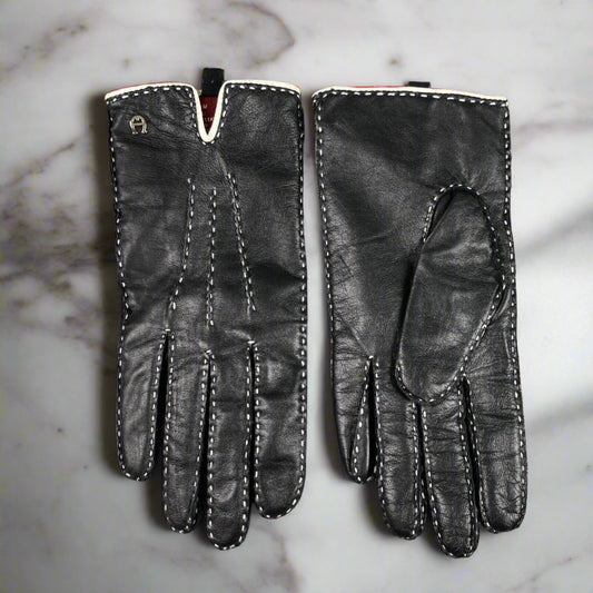 Etienne Aigner Black Leather Gloves Women’s Size M Lining Acrylic