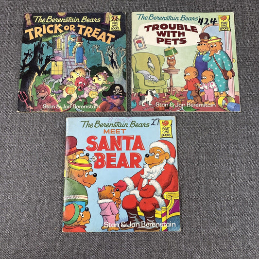 Lot of 3 Berenstain Bears First Time Books Trick Or Treat, Trouble Pets, Santa