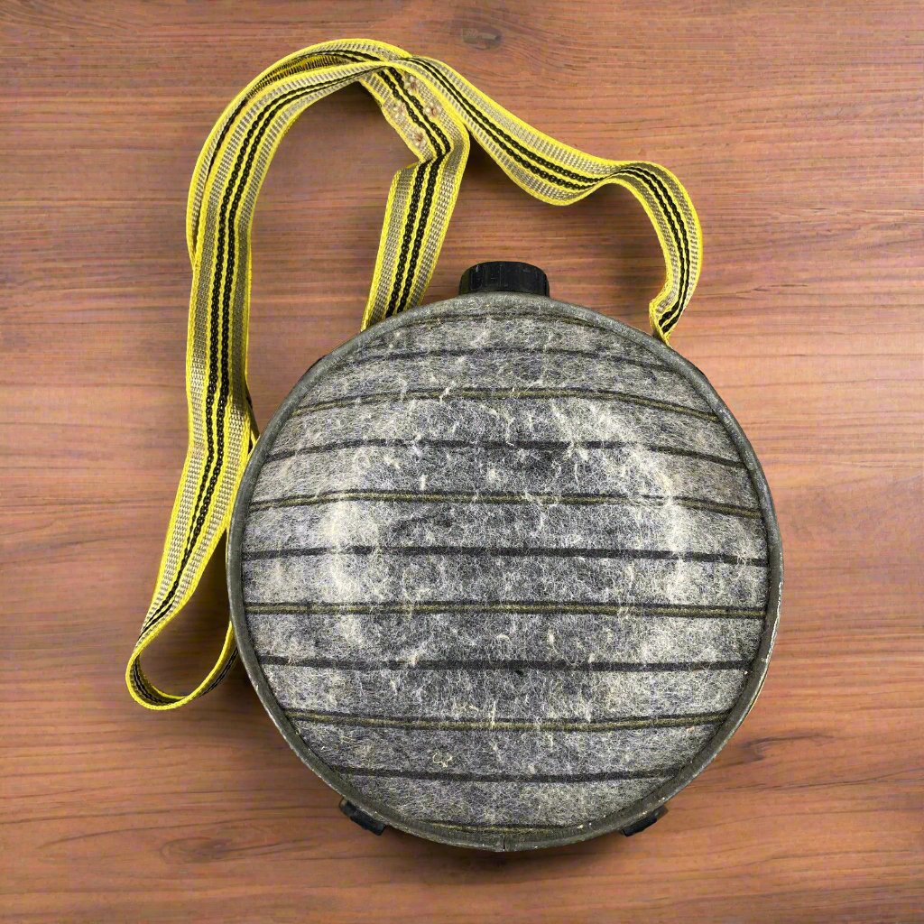 Vintage Wool and Metal Canteen Grey with Yellow shoulder strap