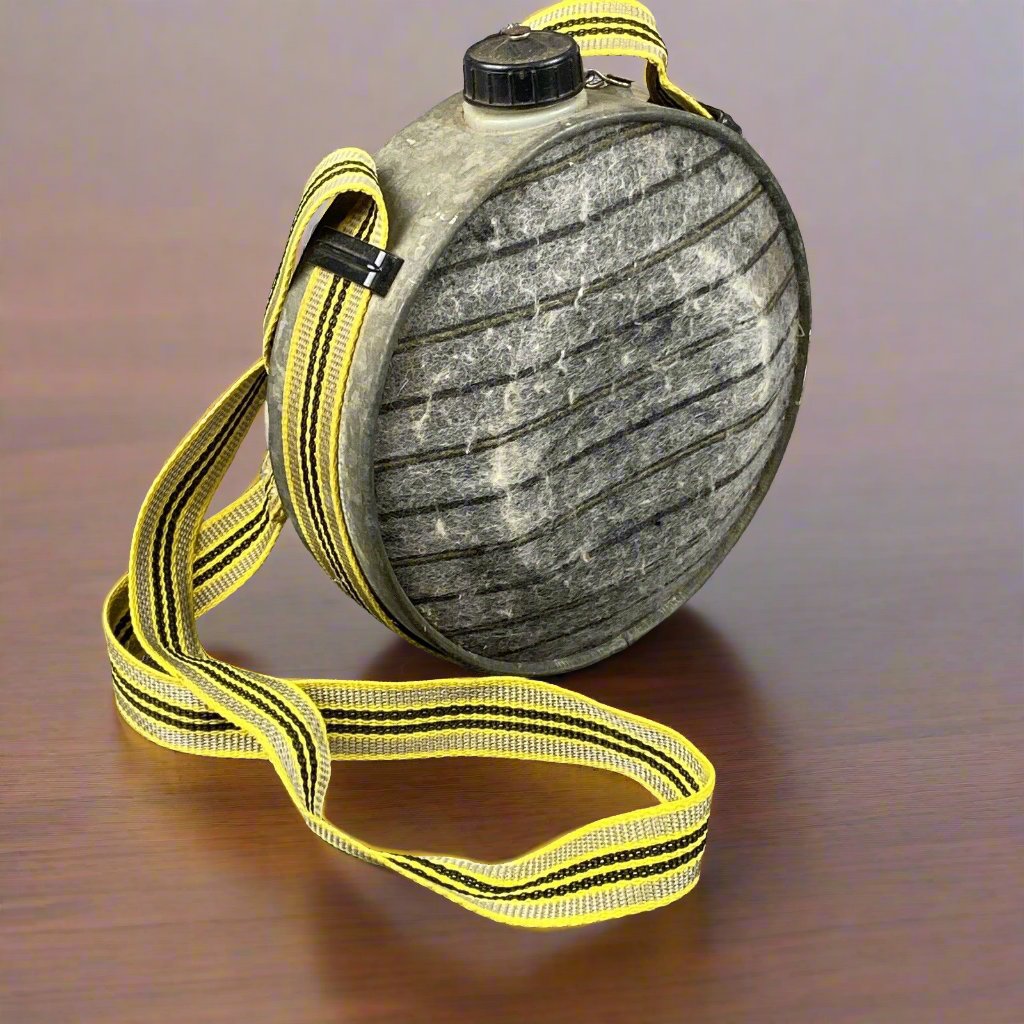 Vintage Wool and Metal Canteen Grey with Yellow shoulder strap