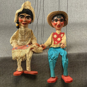 Vintage Mexican Marionette Folk Art String Puppets Lot of 2 Man and Woman 14"