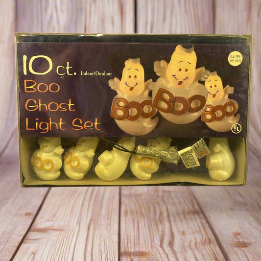 Halloween 10 Boo Ghost Blinking Indoor String Light Blow Mold Set Vintage KMART