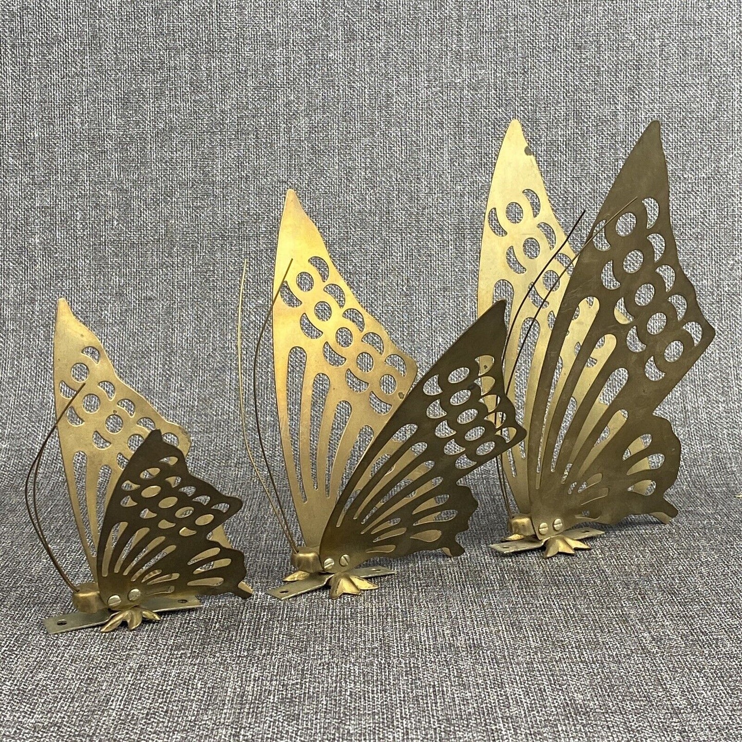 Set Of 3 Brass Butterflies w/ Antennas Figure Free Stand or Wall Hang Boho