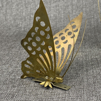 Set Of 3 Brass Butterflies w/ Antennas Figure Free Stand or Wall Hang Boho