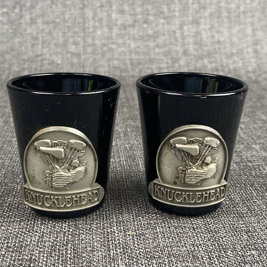 Lot of 2 - Harley Davidson Pewter Knucklehead Medallion Black Shot Glass