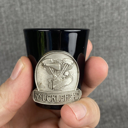 Lot of 2 - Harley Davidson Pewter Knucklehead Medallion Black Shot Glass