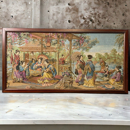 Vintage Large Tapestry Framed 40"x21" Japanese  Aristocrats Socializing