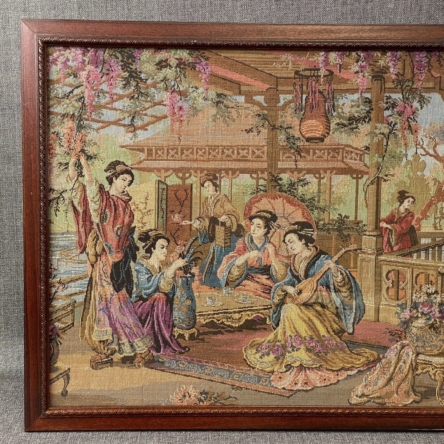 Vintage Large Tapestry Framed 40"x21" Japanese  Aristocrats Socializing