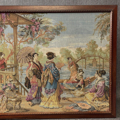 Vintage Large Tapestry Framed 40"x21" Japanese  Aristocrats Socializing