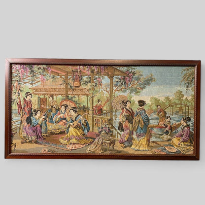 Vintage Large Tapestry Framed 40"x21" Japanese  Aristocrats Socializing