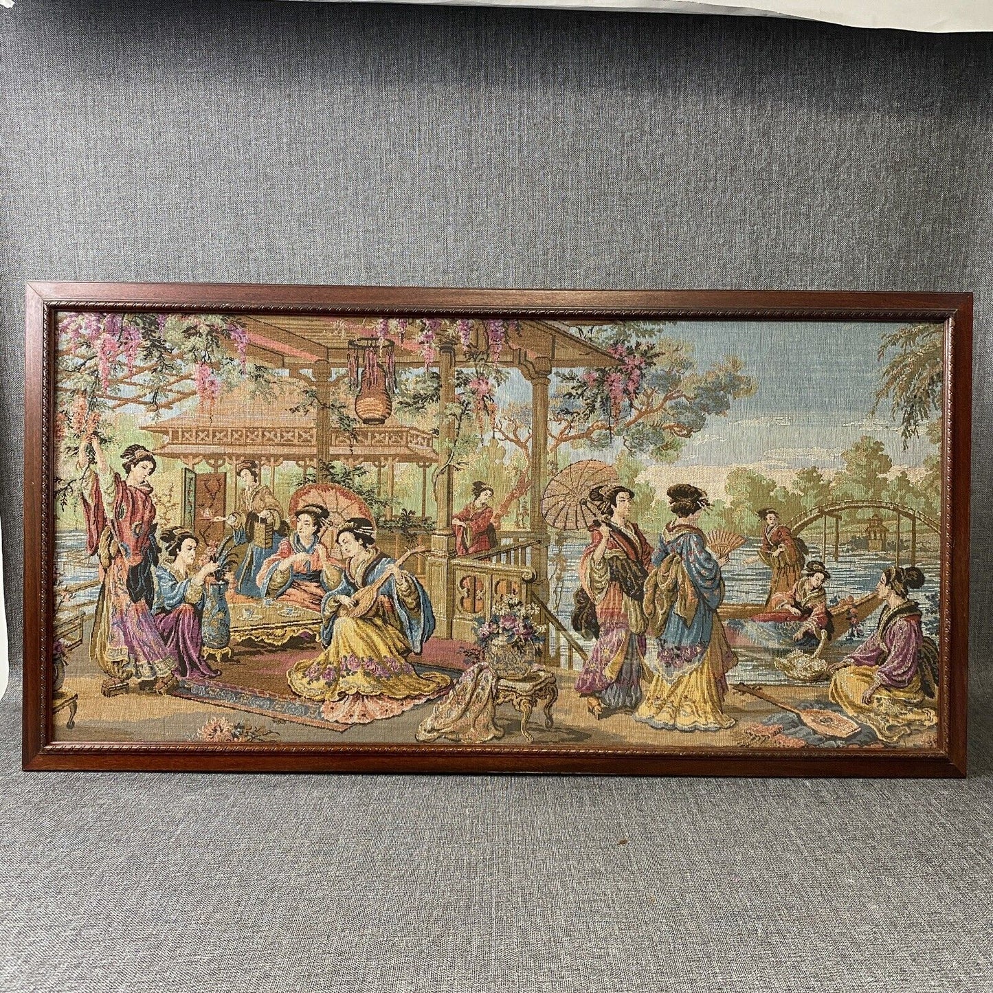 Vintage Large Tapestry Framed 40"x21" Japanese  Aristocrats Socializing