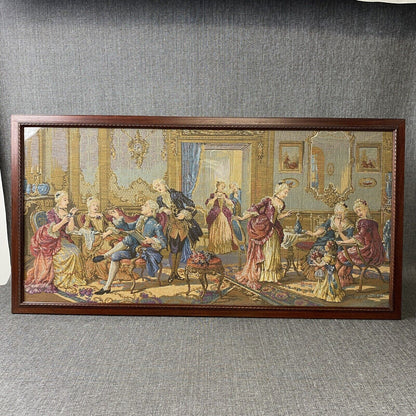 Vintage Large Tapestry Framed 40"x21"  French  Aristocrats Socializing