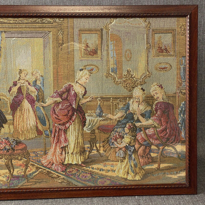 Vintage Large Tapestry Framed 40"x21"  French  Aristocrats Socializing