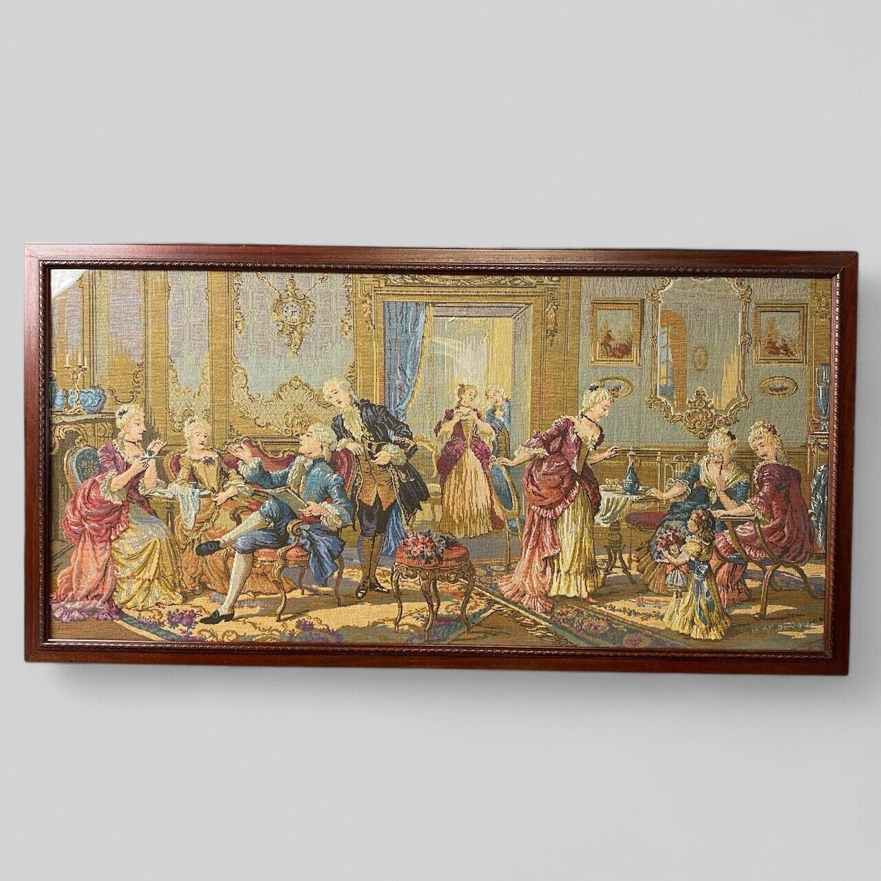 Vintage Large Tapestry Framed 40"x21"  French  Aristocrats Socializing