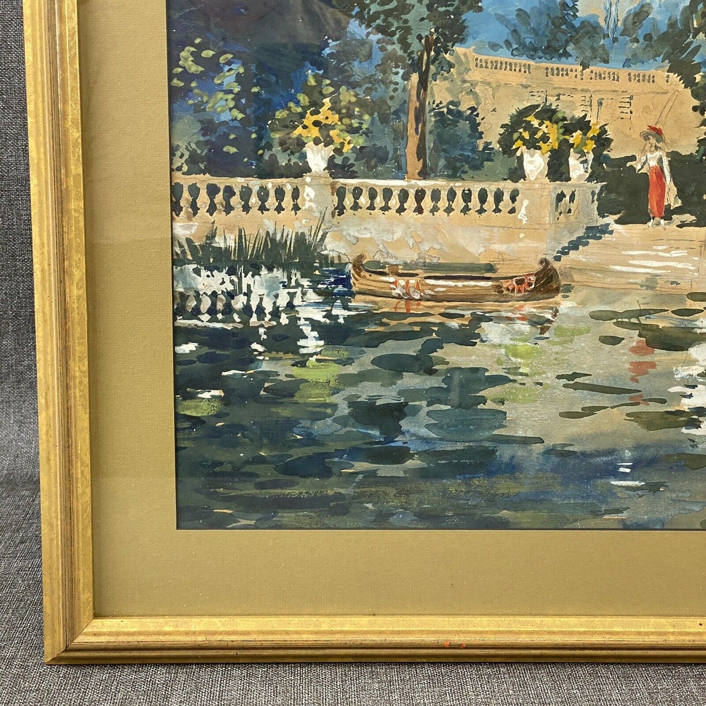 Herbert Ripley GARDEN SCENE Original Watercolor Painting Woman and Pond 28"x22"