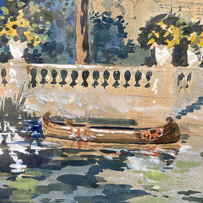 Herbert Ripley GARDEN SCENE Original Watercolor Painting Woman and Pond 28"x22"