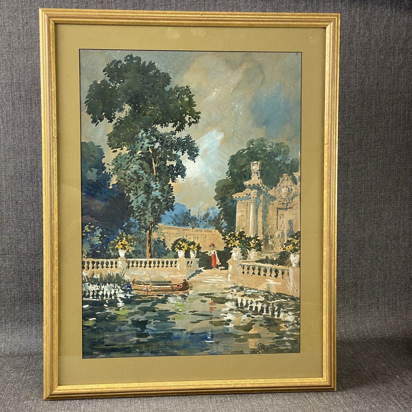 Herbert Ripley GARDEN SCENE Original Watercolor Painting Woman and Pond 28"x22"