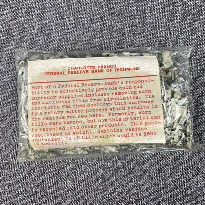 Federal Reserve Bank of Richmond Charlotte NC Branch Real Shredded Currency