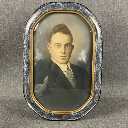 Convex Bubble Glass Picture Frame Wood with young man Photo Octagonal 18"x12"