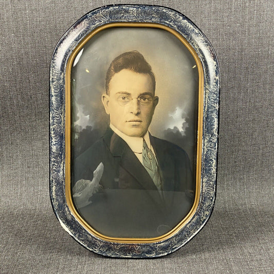 Convex Bubble Glass Picture Frame Wood with young man Photo Octagonal 18"x12"