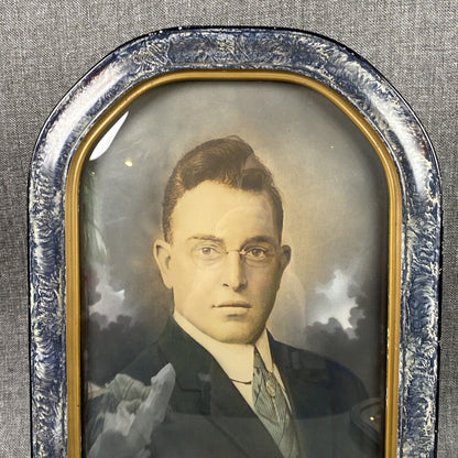 Convex Bubble Glass Picture Frame Wood with young man Photo Octagonal 18"x12"