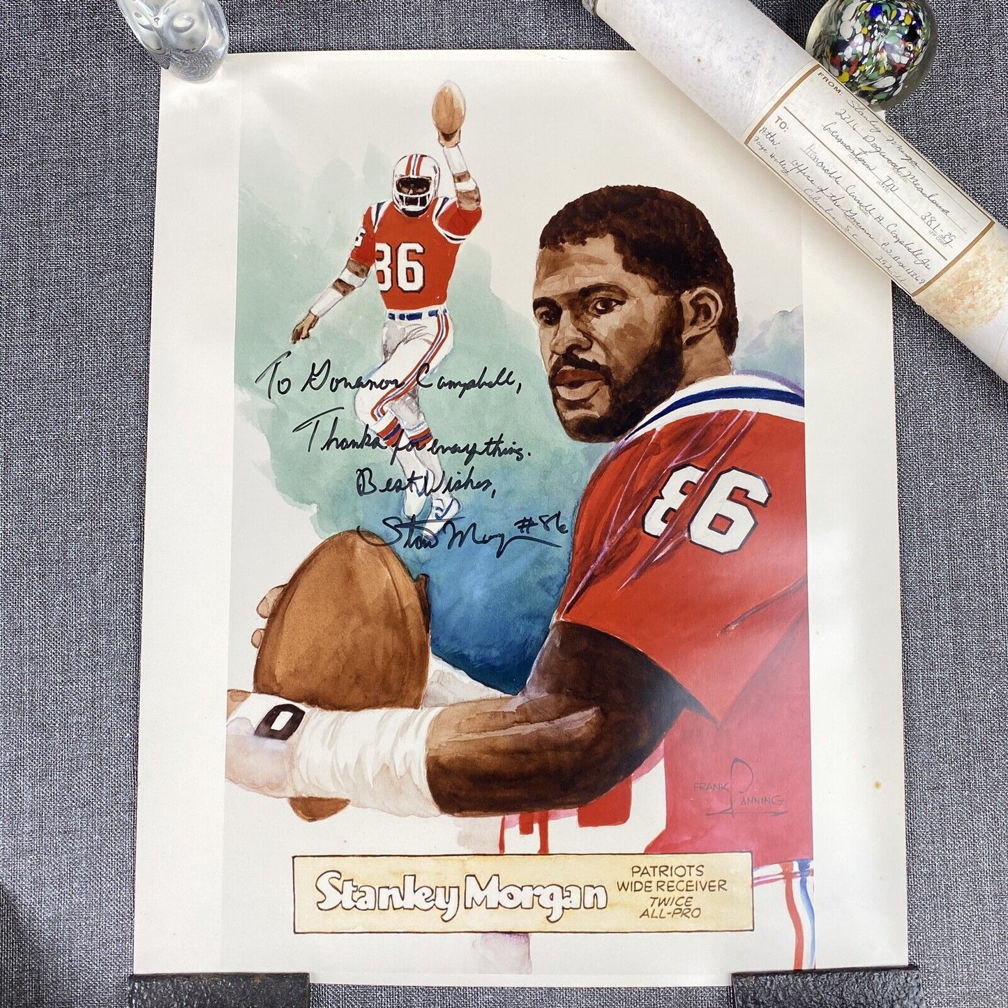 Stanley Morgan New England Patriots Poster 20"x16" SIGNED to Governor Campbell