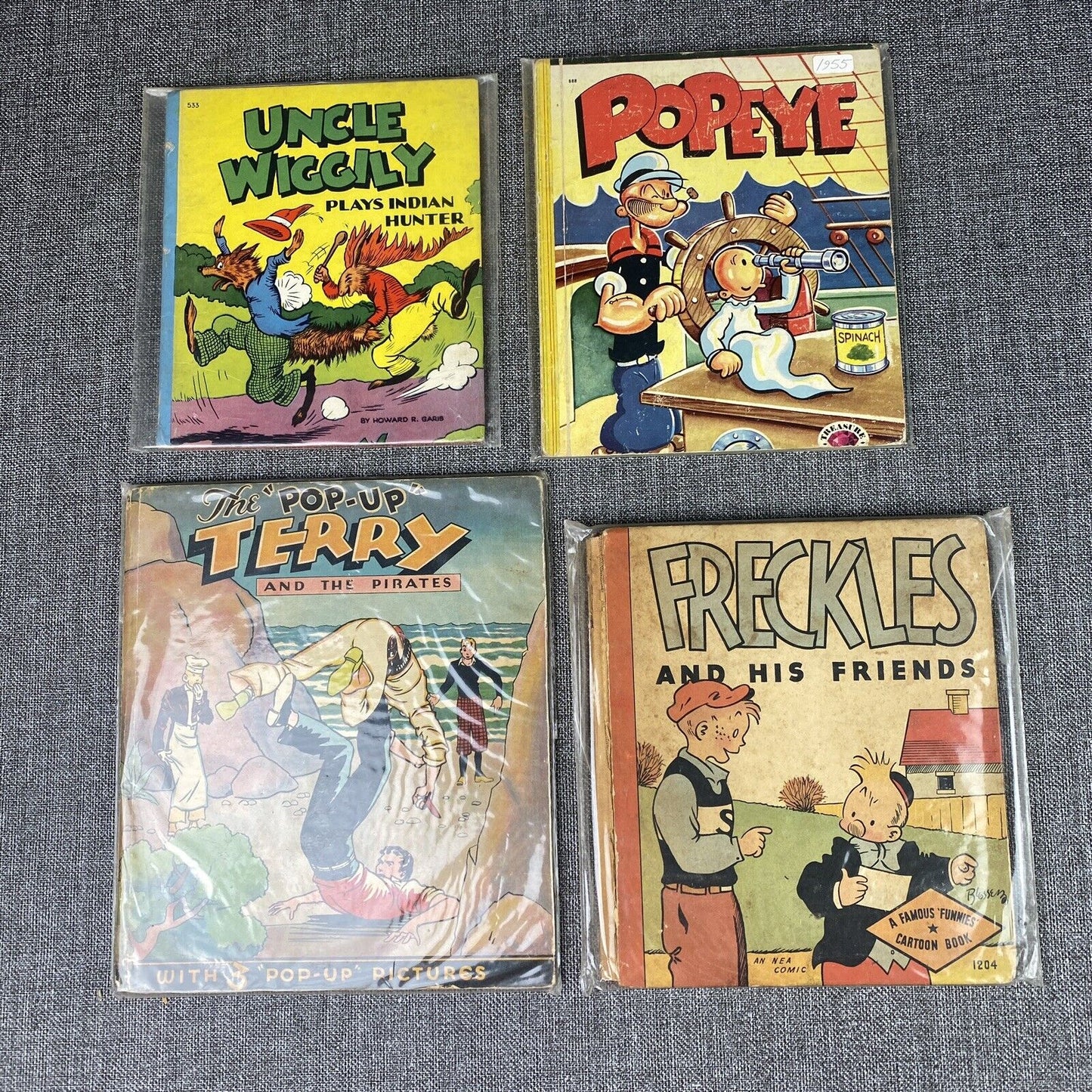 Lot of 4 vintage children's books Popeye , Uncle Winggily , Freckles, Terry